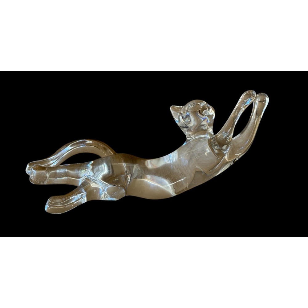 Authentic French Baccarat Clear Crystal Stretching Cat Figurine